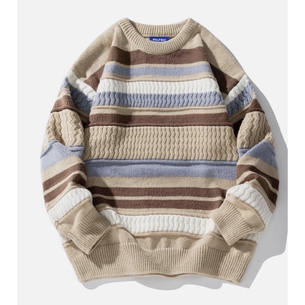 Aelfric Eden Sweater Mens Medium Beige Light Blue Striped Knit Grandpacore